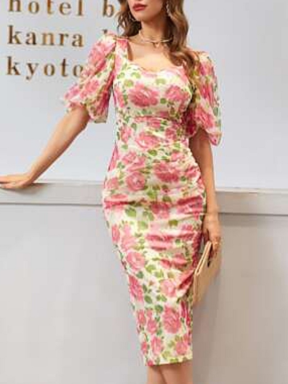 🆕️ SHEIN Cream Ivory Rose Floral Mesh Overlay Puff-Sleeve Midi Dress SIZE: M